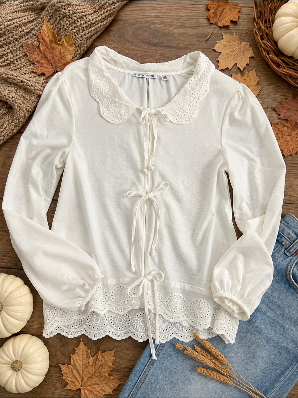 Notations White Eyelet Lace Peter Pan Collar Tie Front Blouse NWT Size Medium